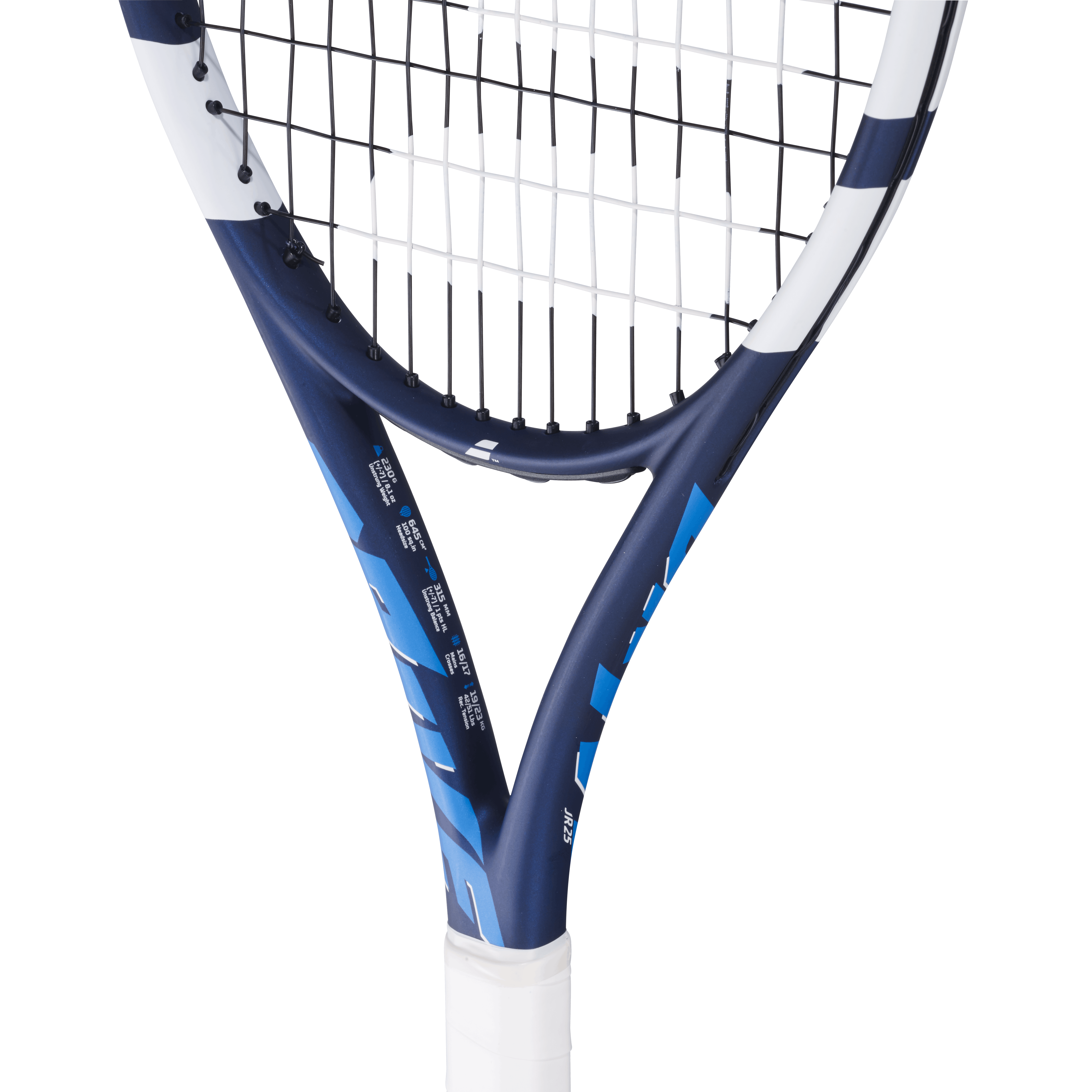 Babolat Drive Junior 25 tennis racquet, blue and black frame with white grip and strings.