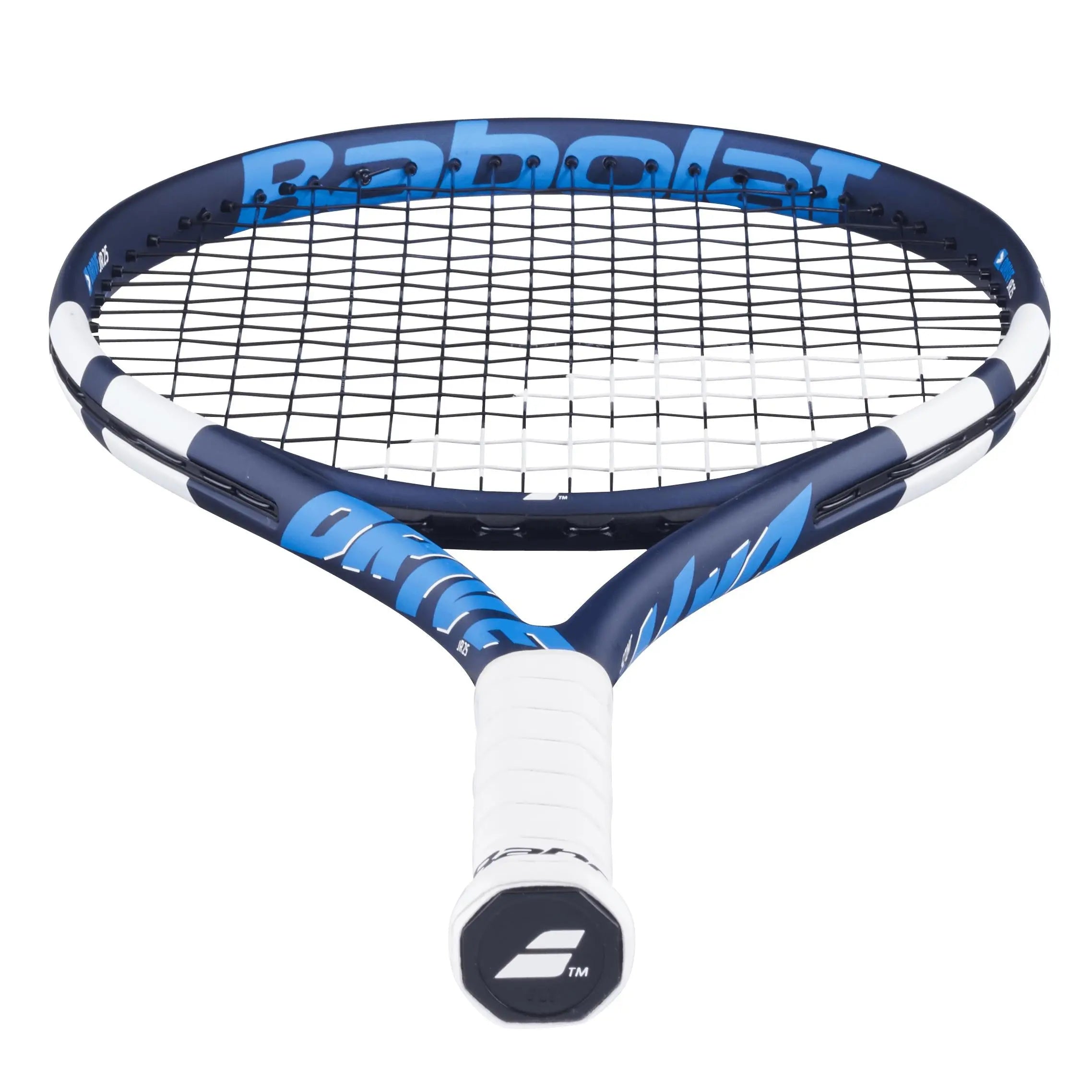 Babolat Drive Junior 25 tennis racquet in blue and black with white grip, angled view.
