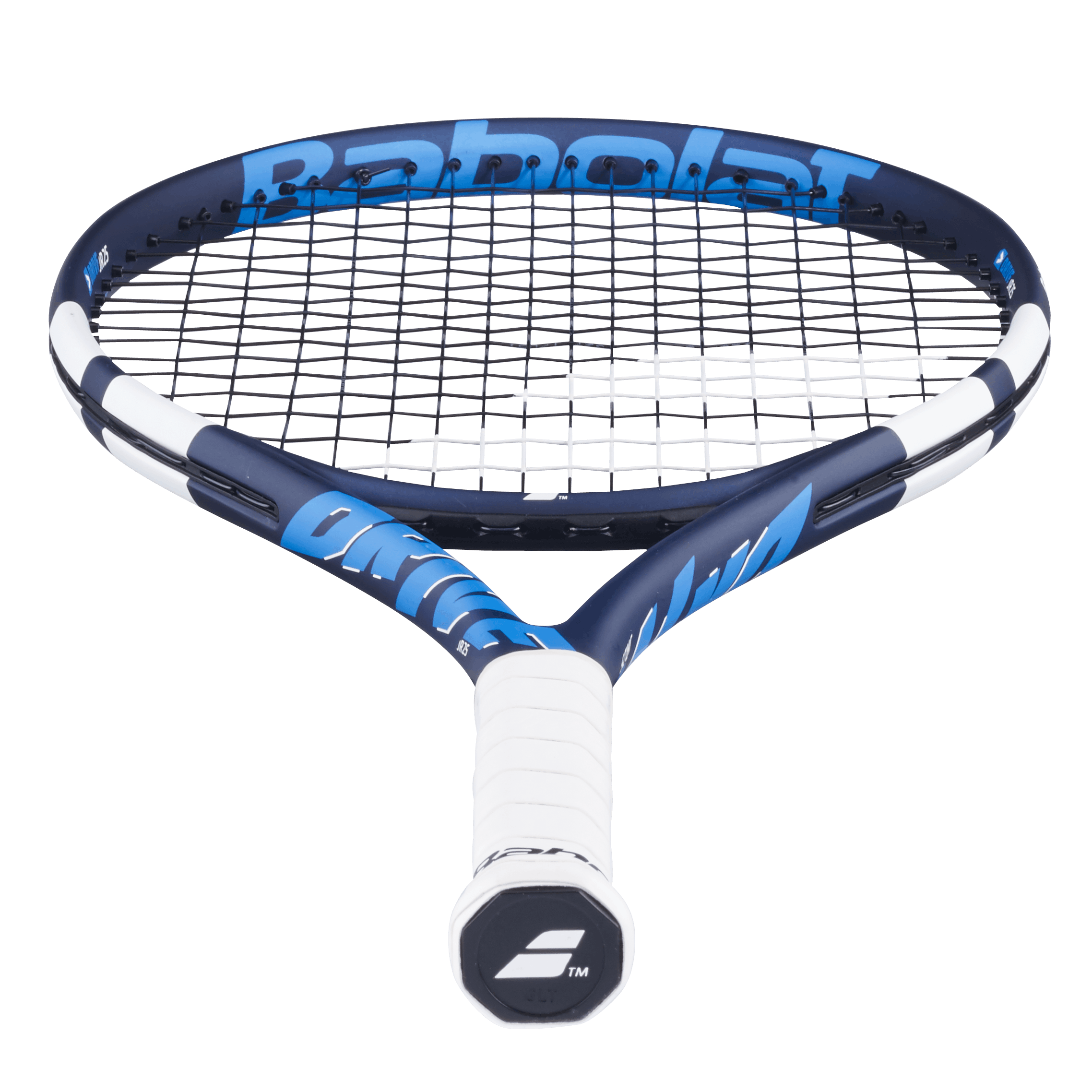 Babolat Drive Junior 25 tennis racquet in blue and black with white grip, angled view.
