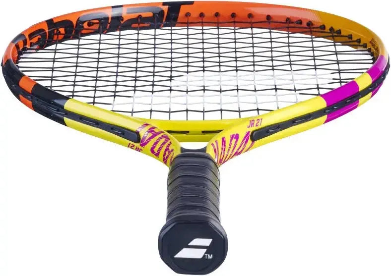 Babolat Nadal Junior 21 tennis racquet, yellow, orange, and pink with black grip.