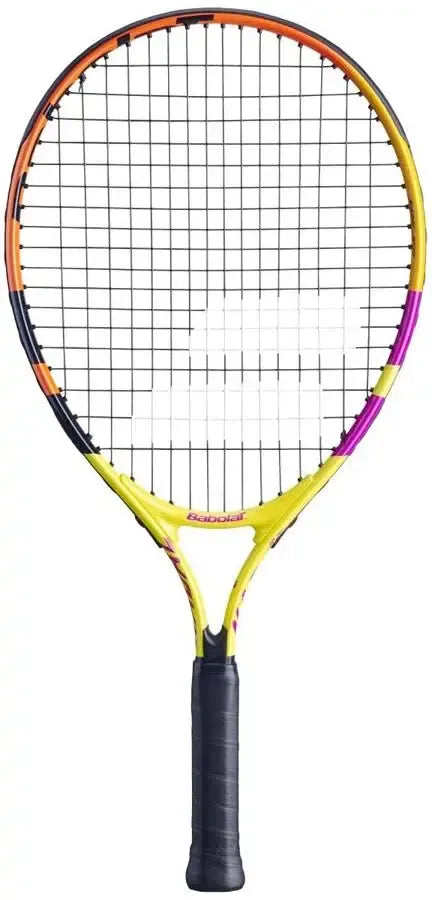 Babolat Nadal Junior 21 tennis racquet, yellow, orange, and purple frame, black grip, white background.