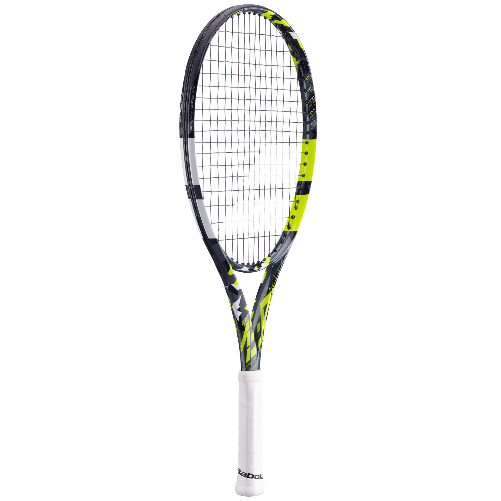 Babolat Pure Aero Junior 25 tennis racquet, black, yellow, and white with white grip.