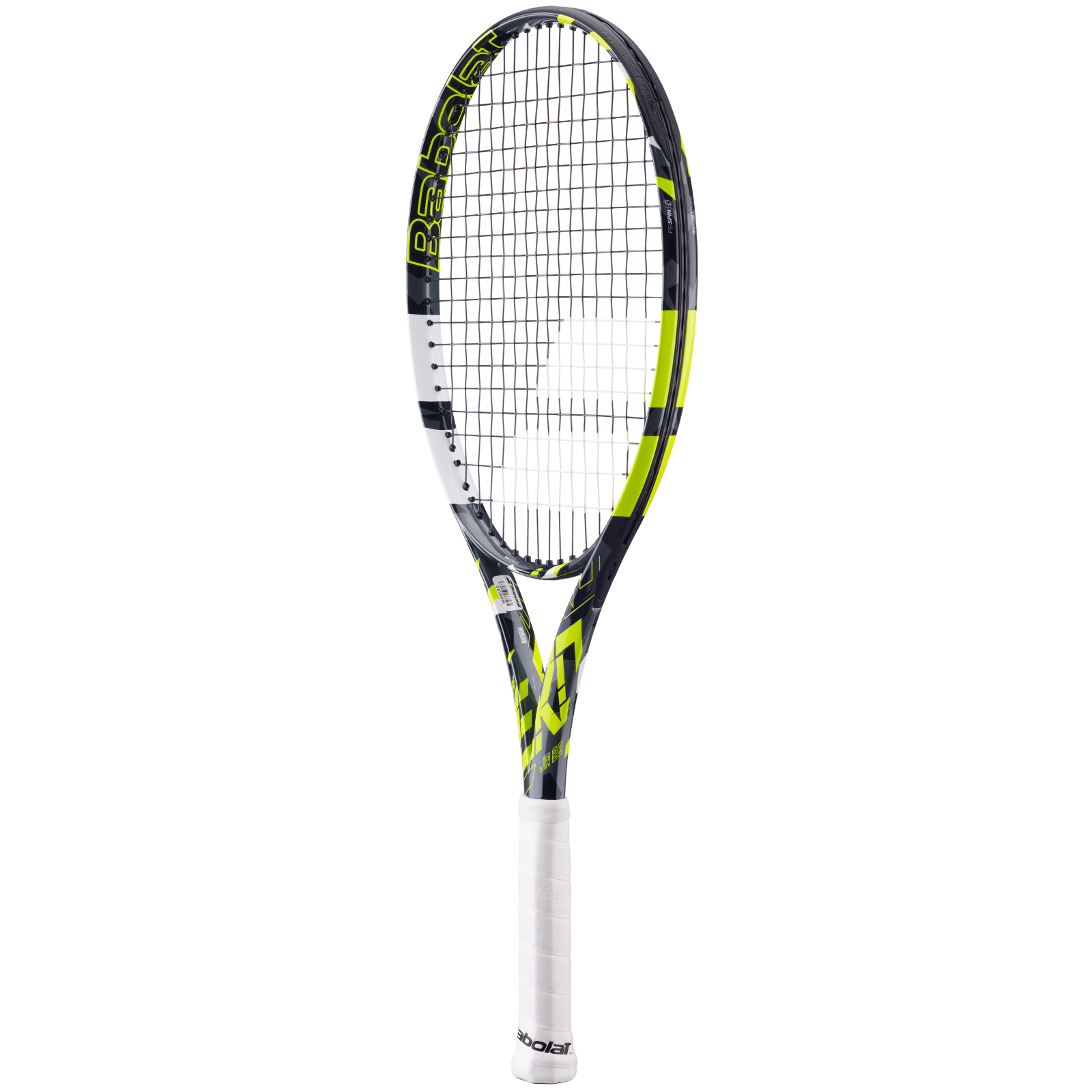 Babolat Pure Aero Junior 26 tennis racquet in black, yellow, and white with a white grip.