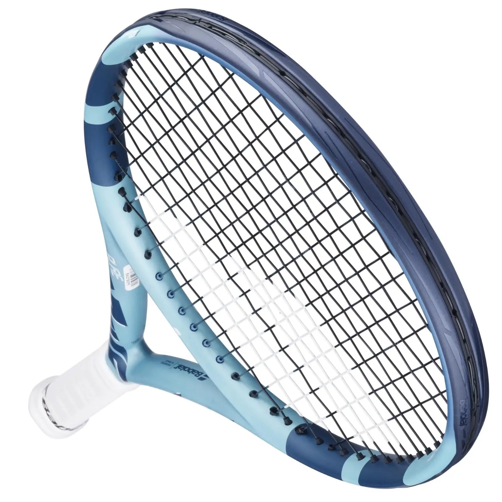Babolat Pure Drive Jr 25 tennis racquet in lite blue and dark blue, with white grip and black strings.