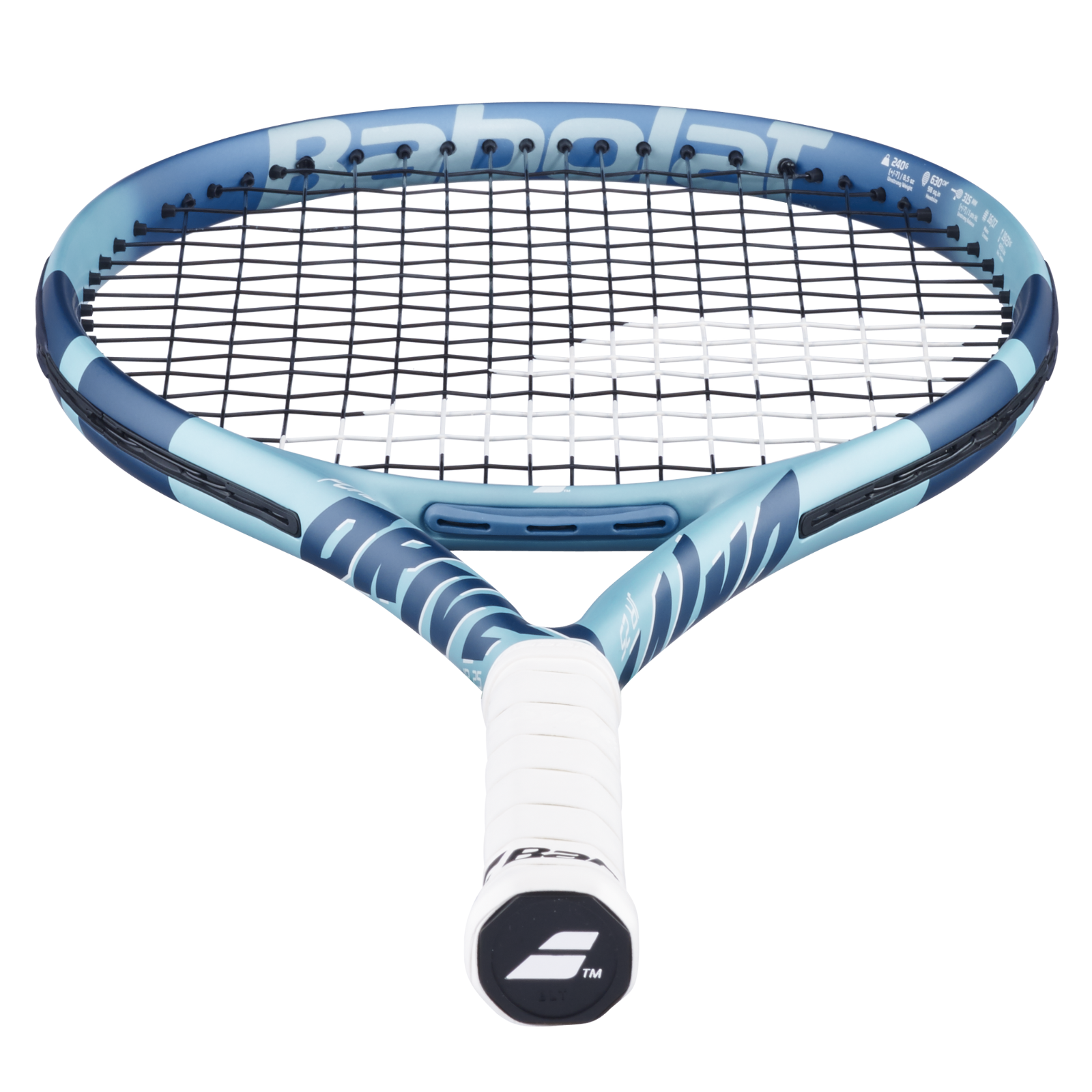 Babolat Pure Drive Jr 25 tennis racquet in lite blue with white grip, black strings, and blue accents.