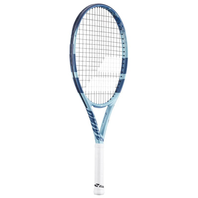 Babolat Pure Drive Jr 25 tennis racquet in lite blue with dark blue accents and white grip.