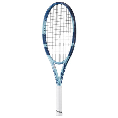 Babolat Pure Drive Jr 25 tennis racquet in lite blue with dark blue accents and white grip.