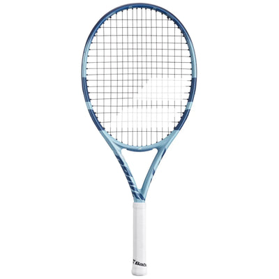 Babolat Pure Drive Jr 25 tennis racquet in lite blue with dark blue stripes and a white grip.