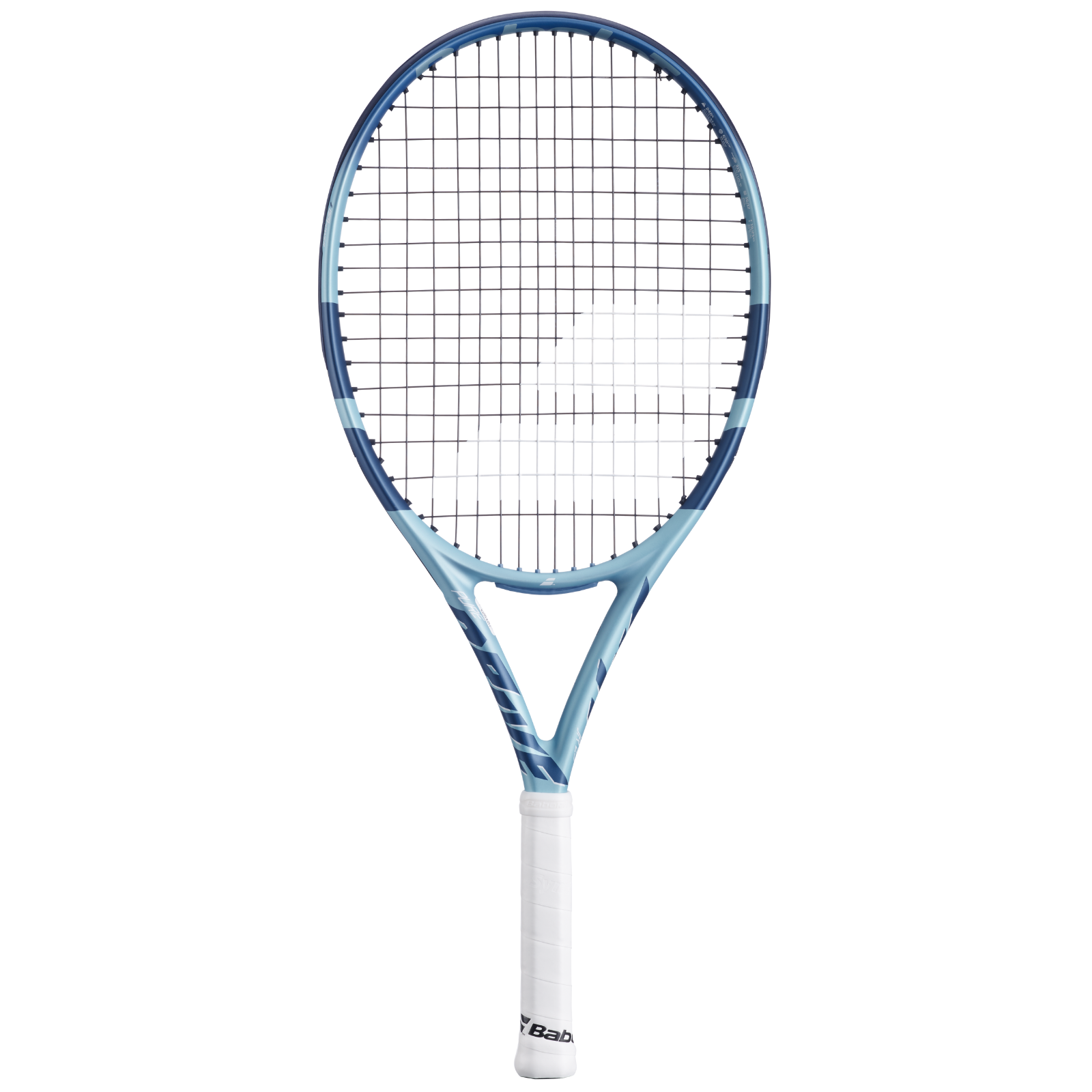 Babolat Pure Drive Jr 25 tennis racquet in lite blue with dark blue stripes and a white grip.
