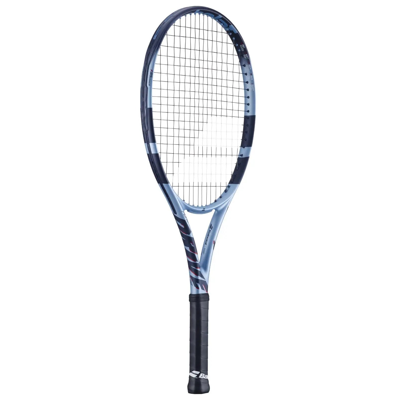 Babolat Pure Drive Jr 26 tennis racquet in blue with black and white accents, black grip.