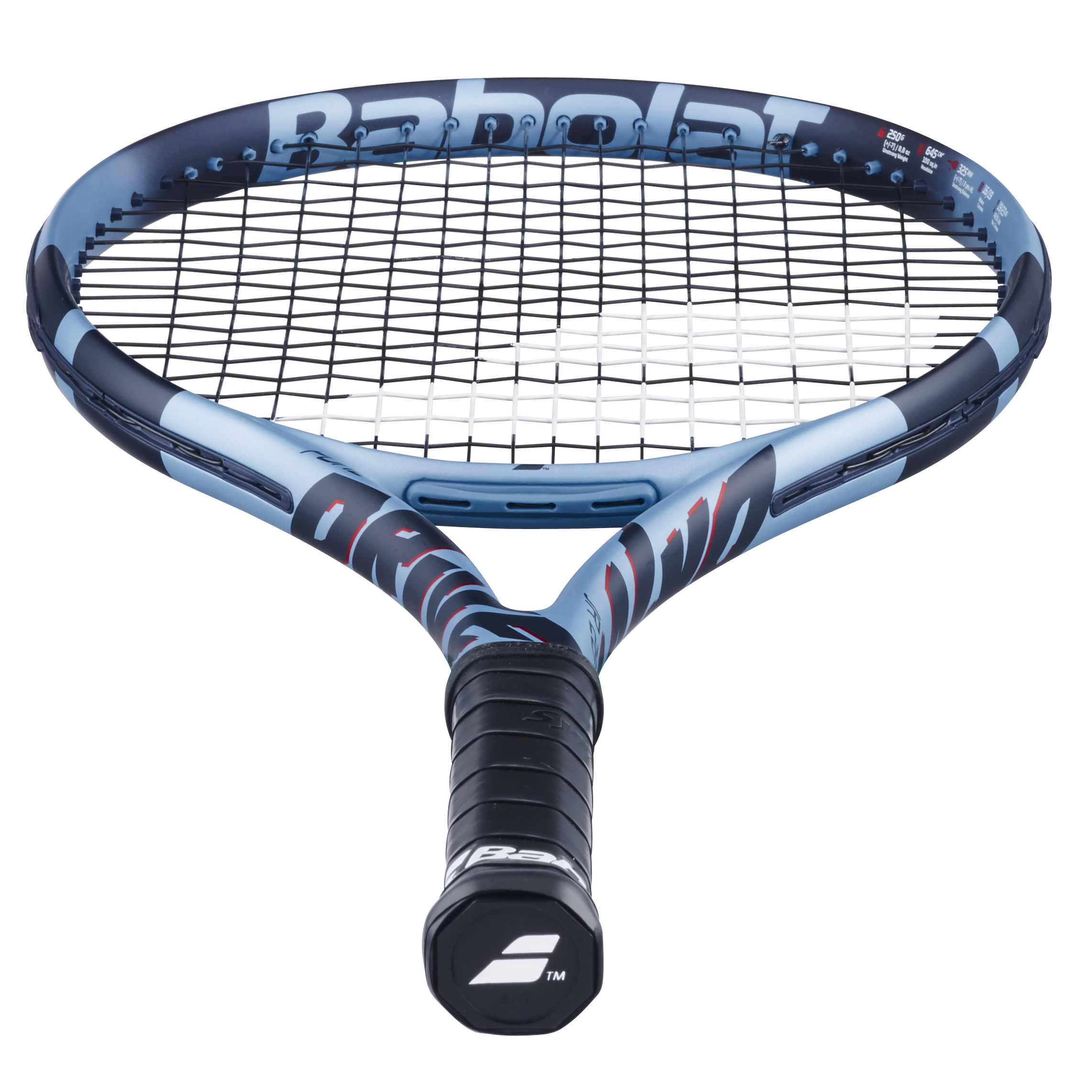Babolat Pure Drive Jr 26 blue junior tennis racquet with black grip and strings.