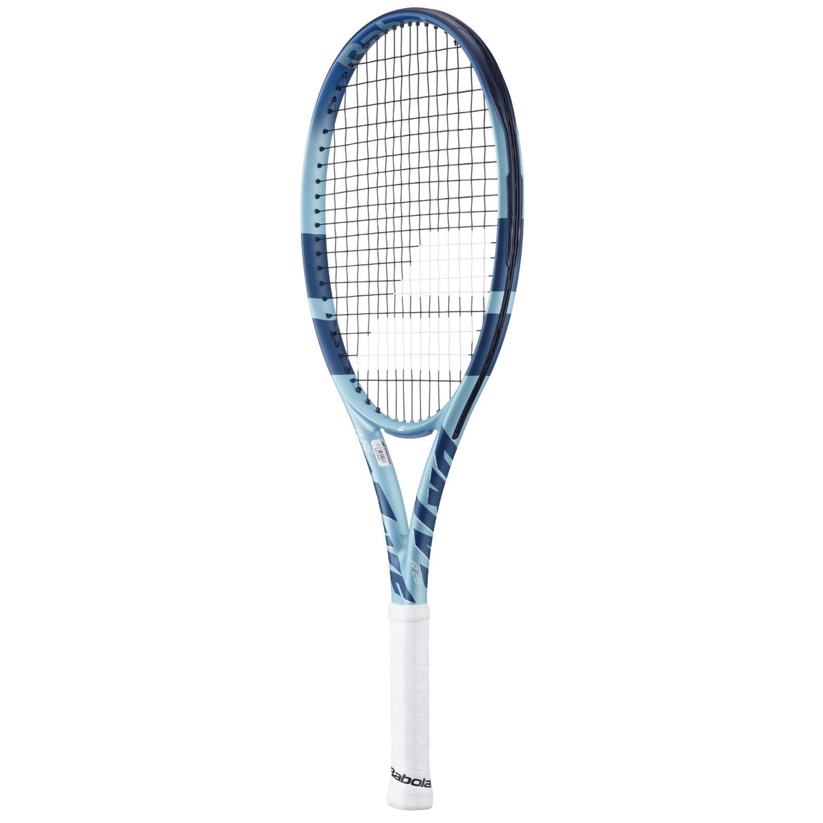 Babolat Pure Drive Jr 26 tennis racquet in lite blue and dark blue camo pattern with white grip.