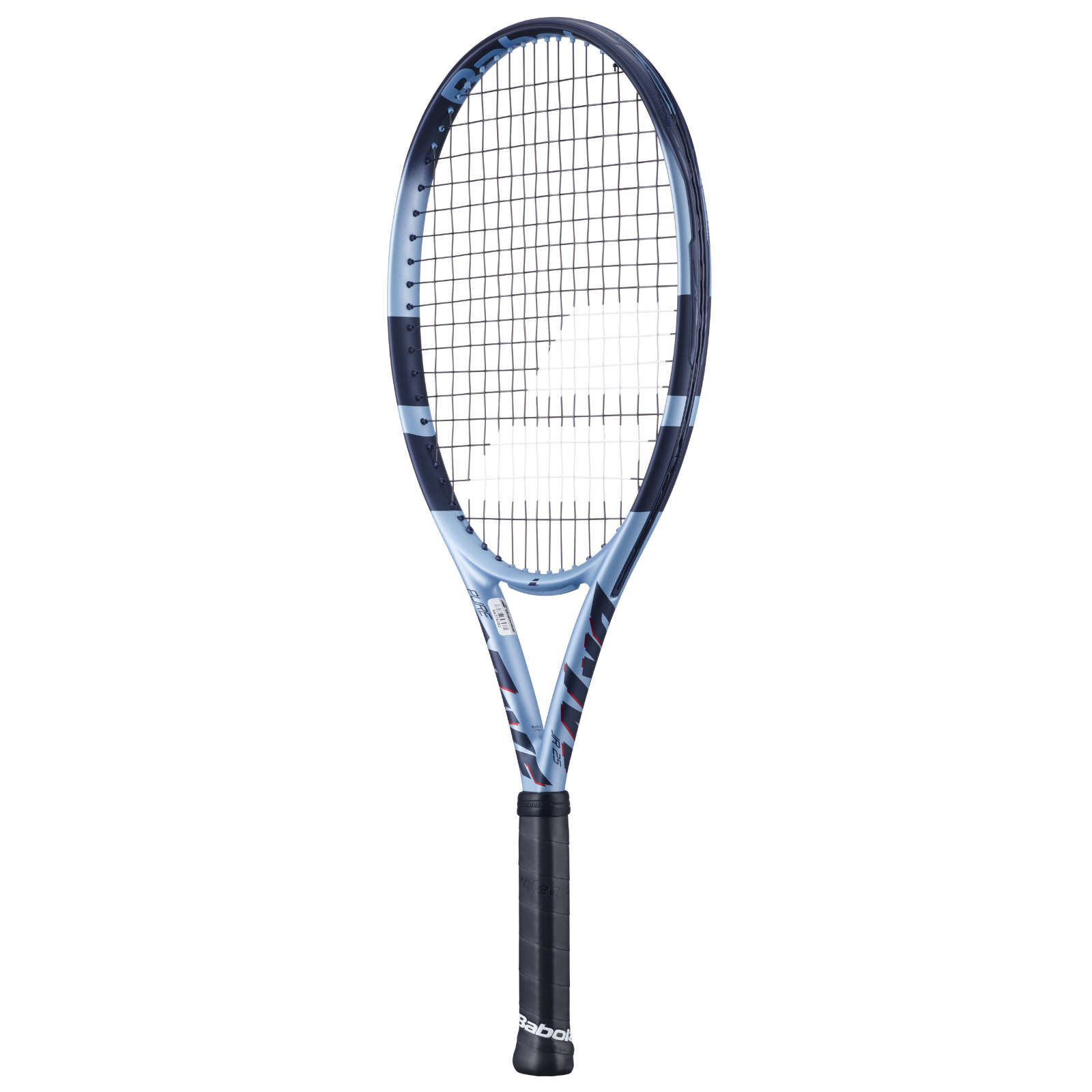 Babolat Pure Drive Junior 25 tennis racquet in blue, black, and white, with a black grip.