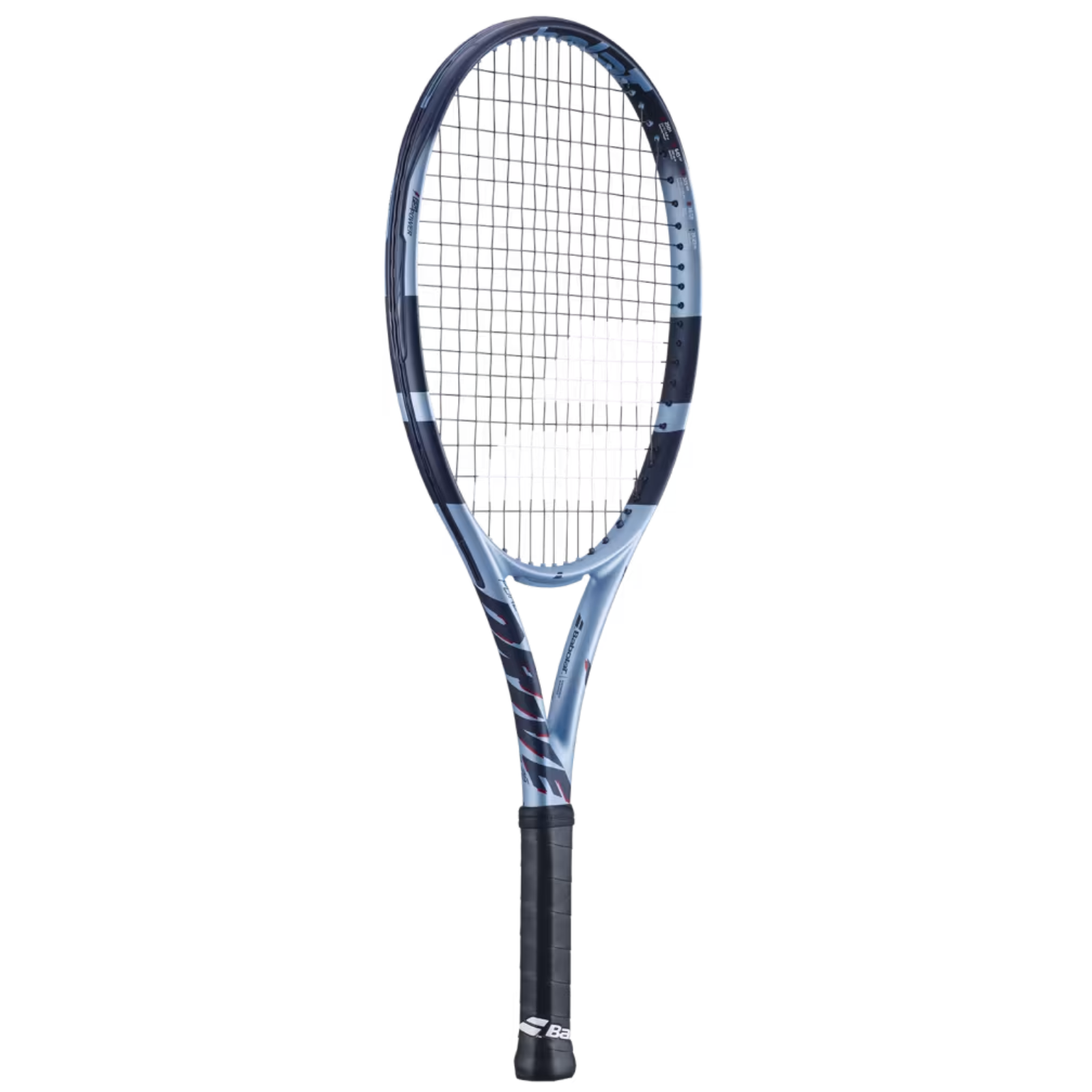 Babolat Pure Drive Junior 26 tennis racquet, light blue and dark blue with black grip.