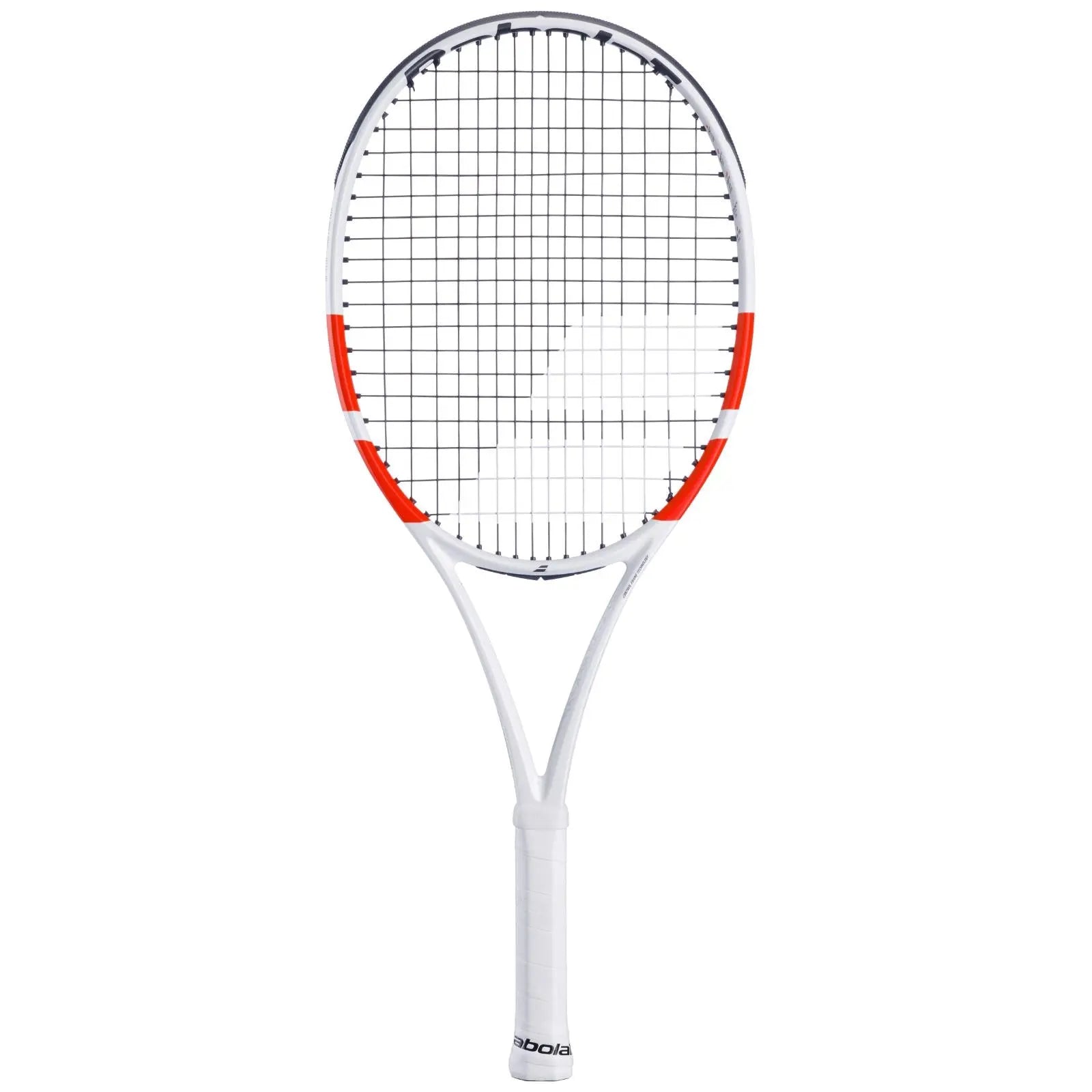 Babolat Pure Strike Jr 26 tennis racquet, white frame with orange accents, black strings, and white grip.