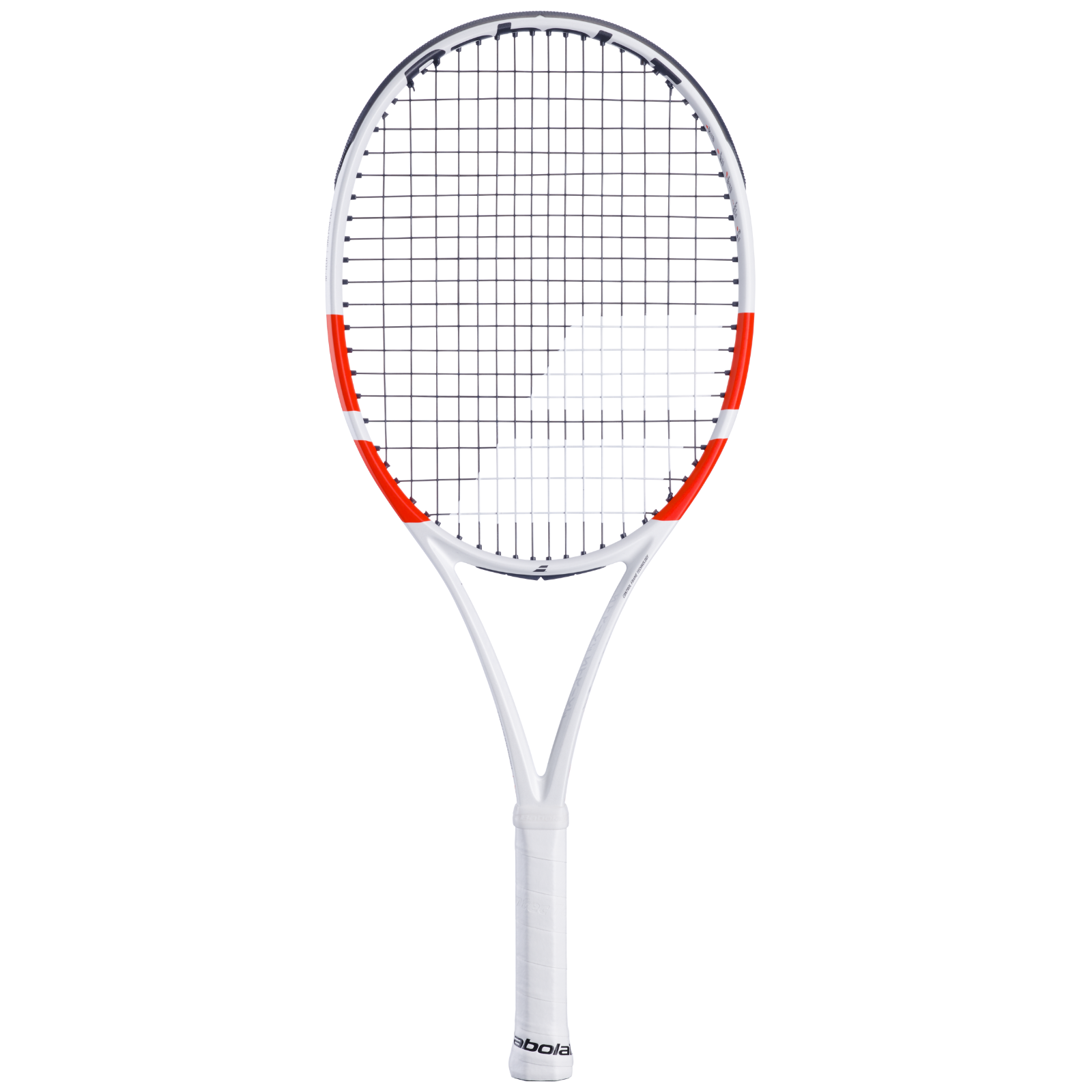 Babolat Pure Strike Jr 26 tennis racquet, white frame with orange accents, black strings, and white grip.