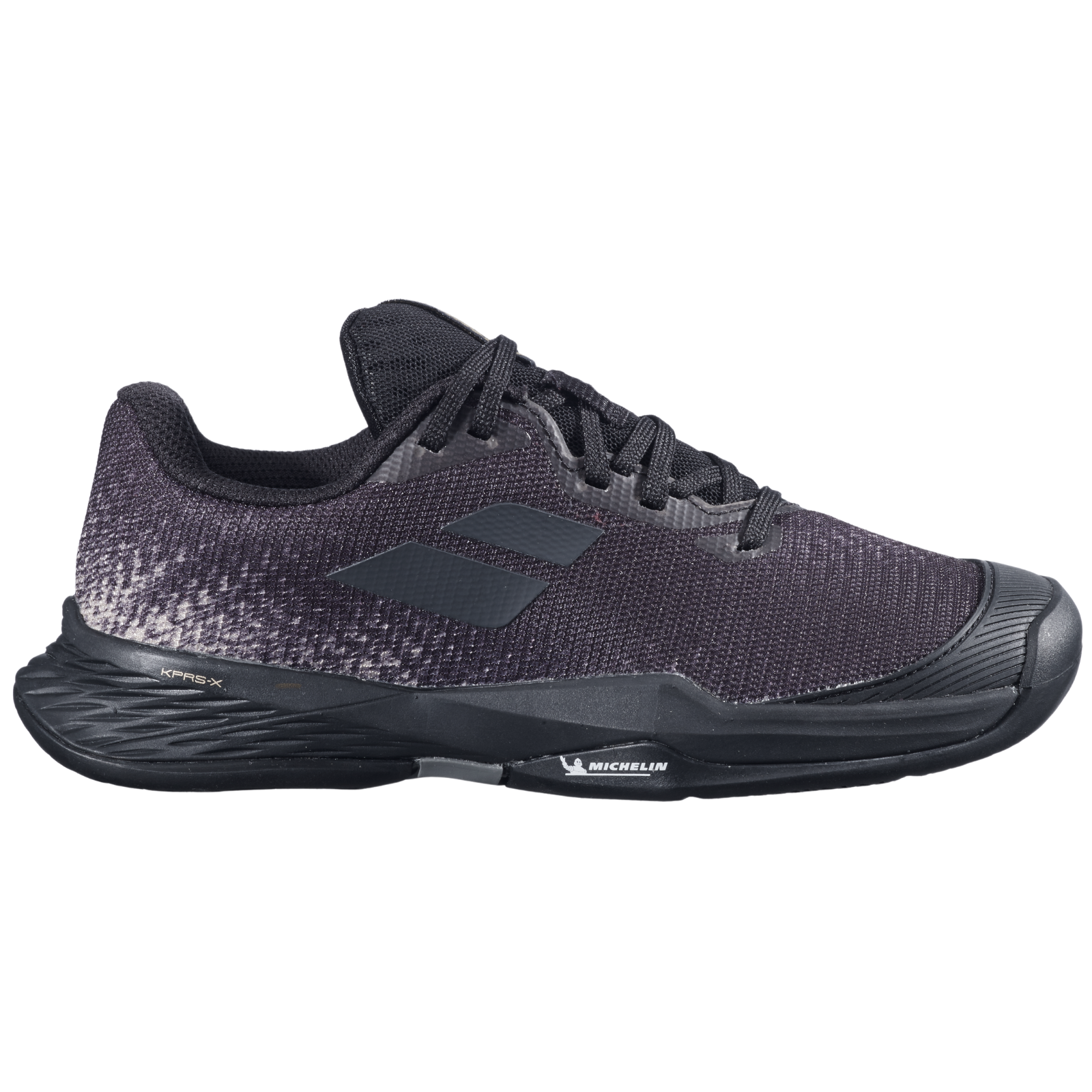 Babolat Jet Mach 3 Jr All Court tennis shoe in black with textured upper and Michelin outsole.