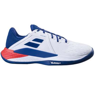White and blue Babolat Propulse Fury 3 clay court tennis shoe with red heel accent and Michelin sole.