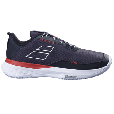Babolat Men's SFX Evo all-court tennis shoe in dark blue with red accents, white sole, and breathable mesh.