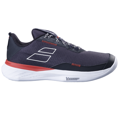 Dark blue Babolat SFX Evo clay court tennis shoe with white sole and red accents.
