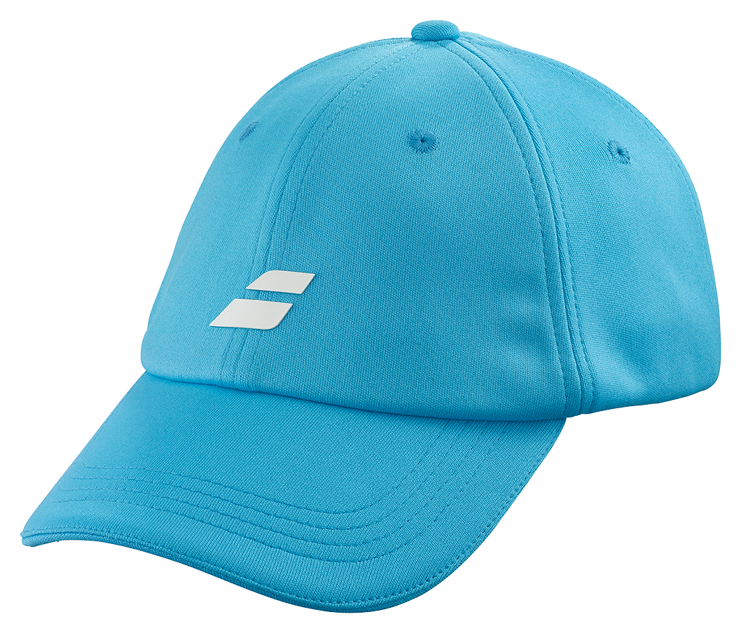 Babolat Pure Logo Cap Junior in vibrant cyan blue, made from recycled polyester with a white logo.