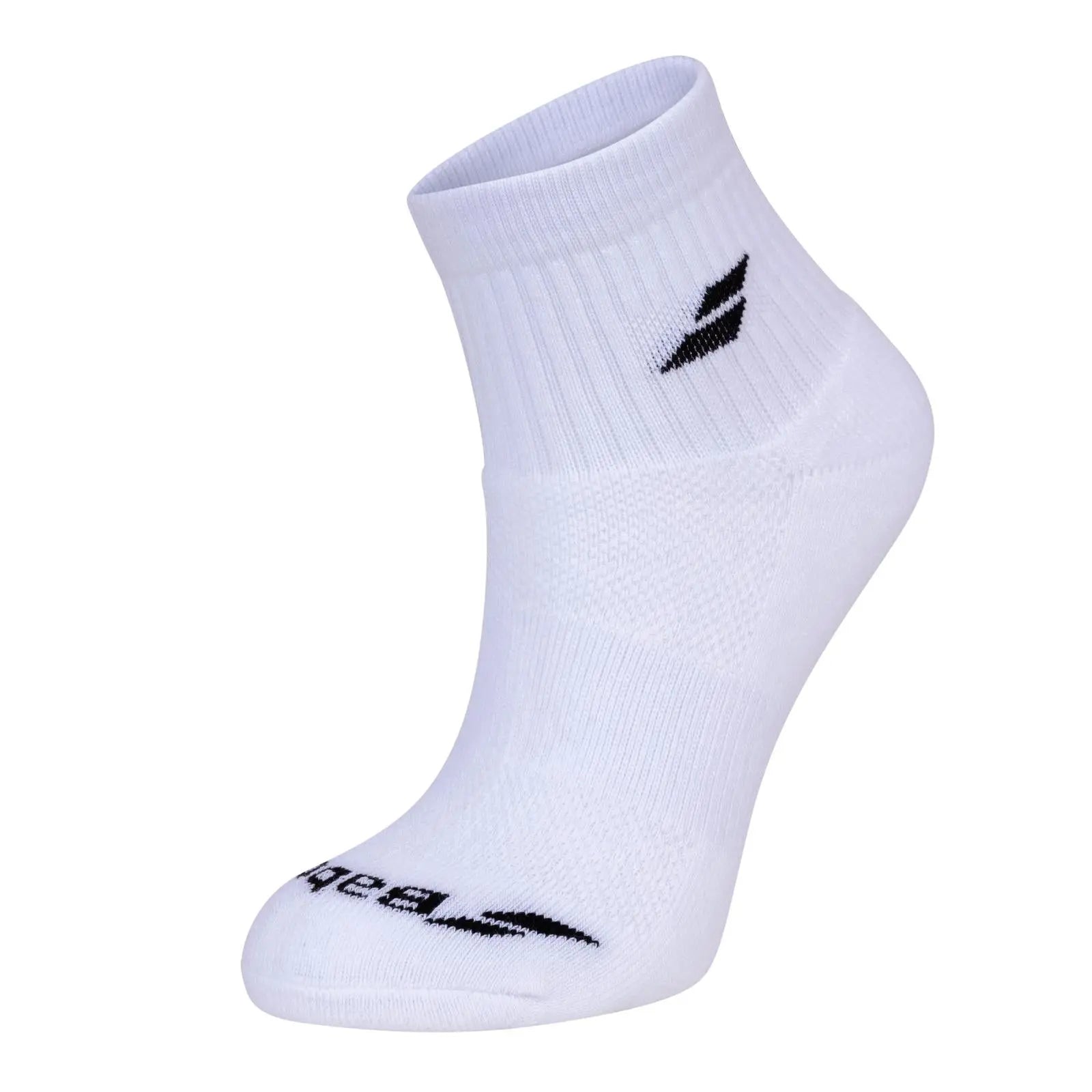 White Babolat Quarter Sock with black logo on ankle and toe, featuring ribbed cuff and ventilated zones.