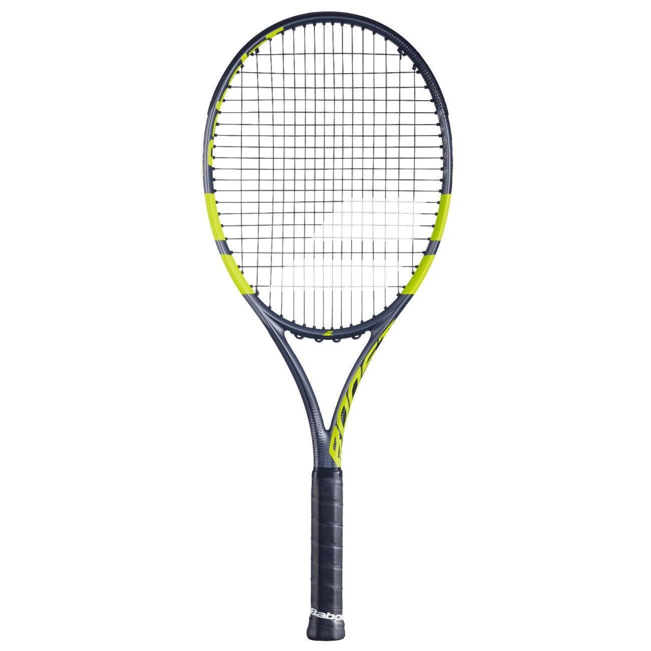 Babolat Boost Aero (260g) tennis racquet, dark grey and neon yellow, with black grip.