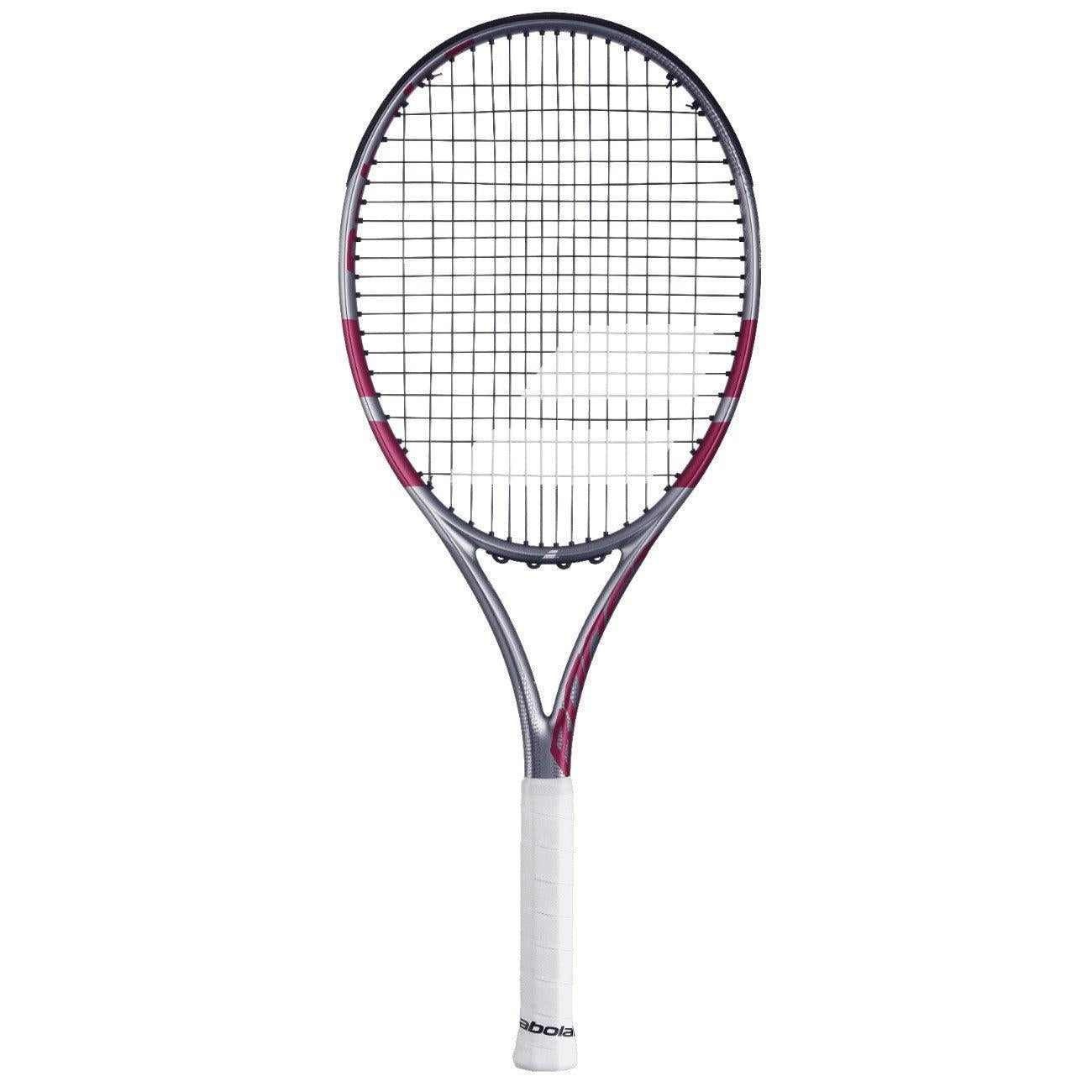 Babolat Boost Aero Pink tennis racquet with a grey frame, pink accents, and white grip.