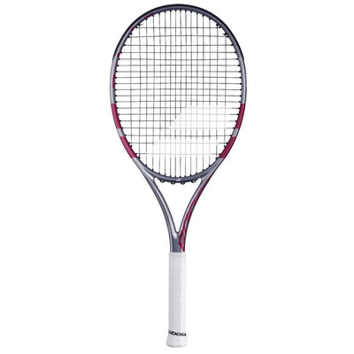 Babolat Boost Aero Pink tennis racquet with a grey frame, pink accents, and white grip.