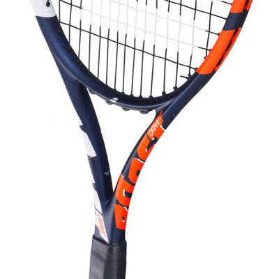 Babolat Boost Drive tennis racquet, navy blue frame with orange and white accents, black grip.