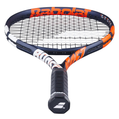 Babolat Boost Drive tennis racquet, navy blue, orange, and white, with black grip and strings.