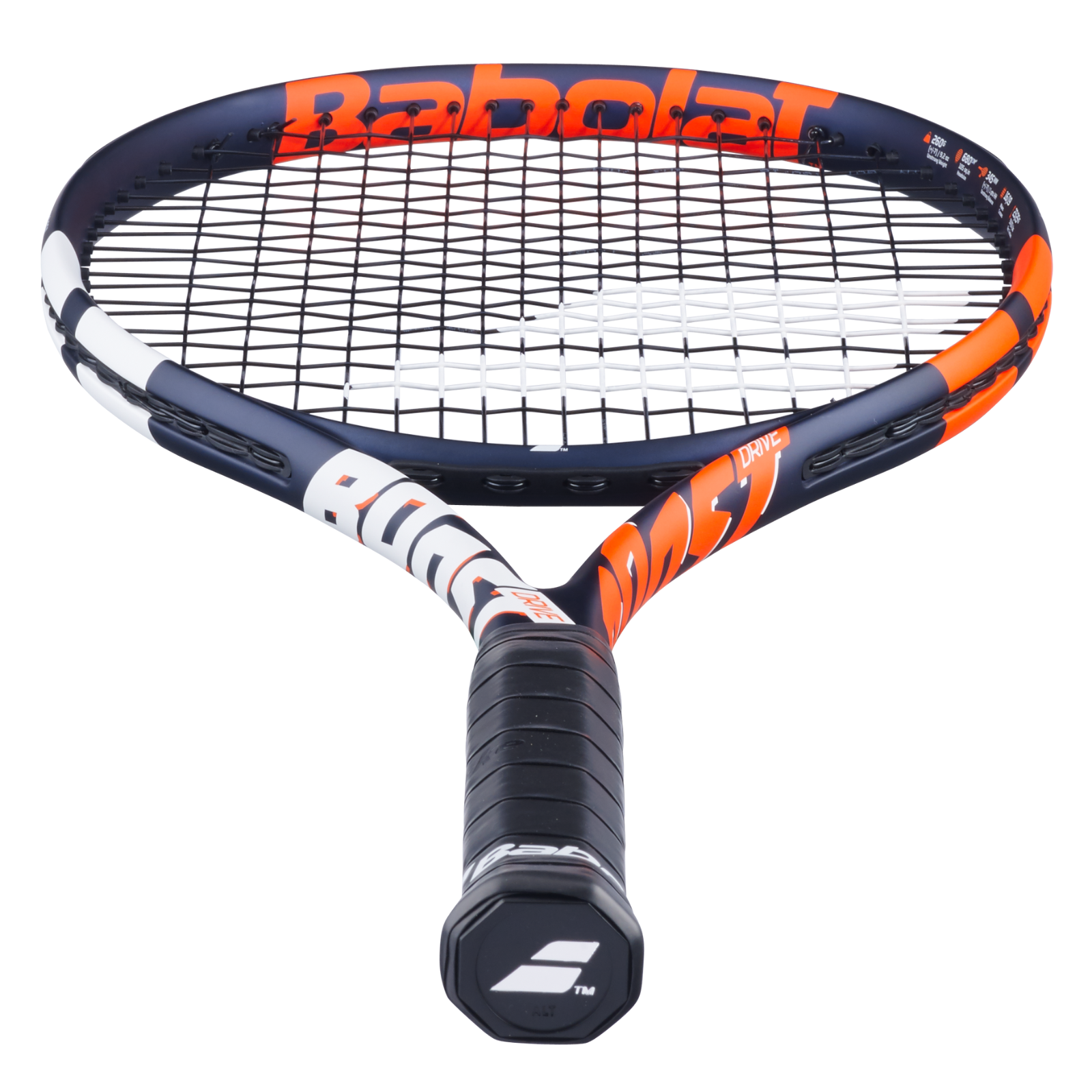 Babolat Boost Drive tennis racquet, navy blue, orange, and white, with black grip and strings.