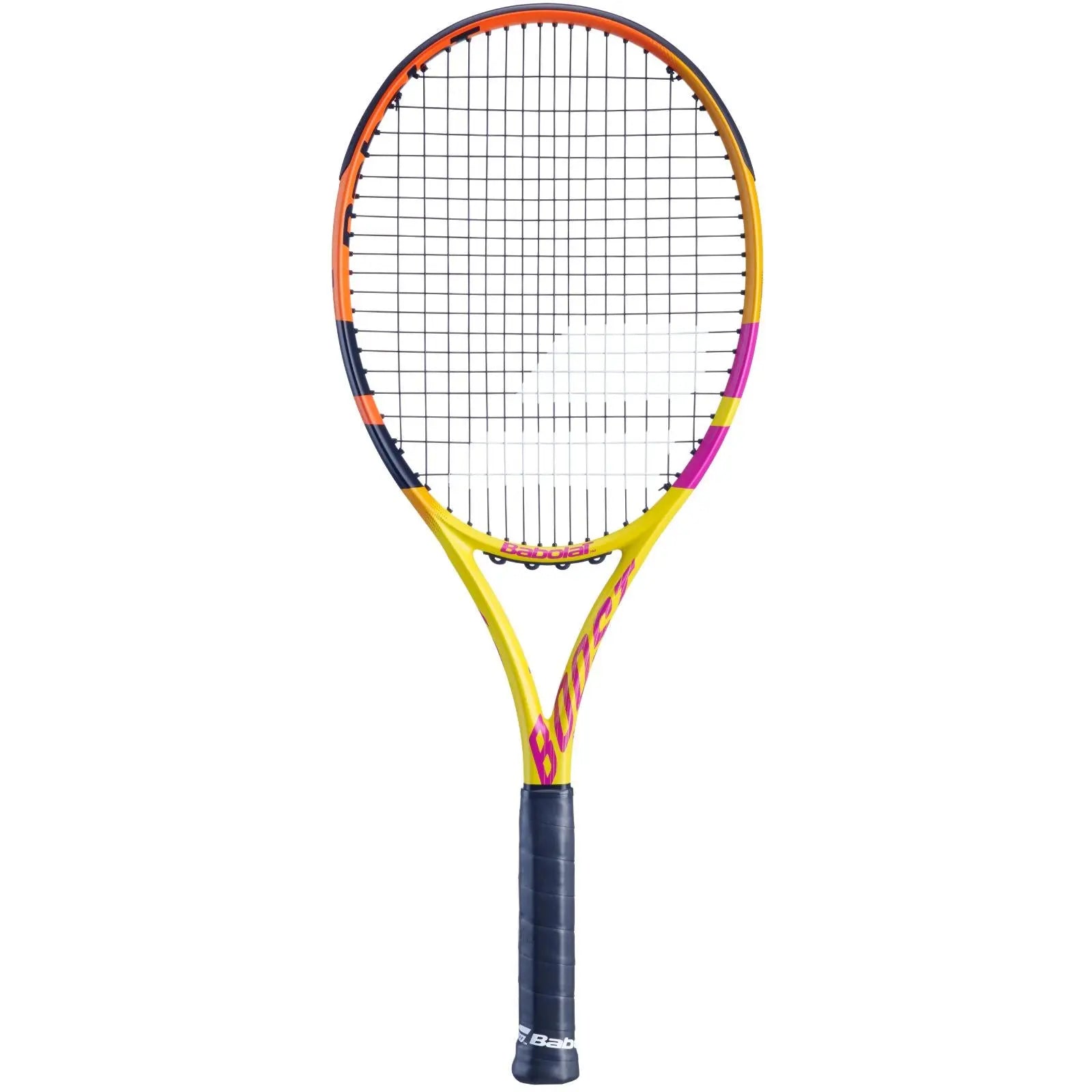 Babolat Boost Rafa tennis racquet, yellow frame with orange, pink, and dark blue accents, black grip.