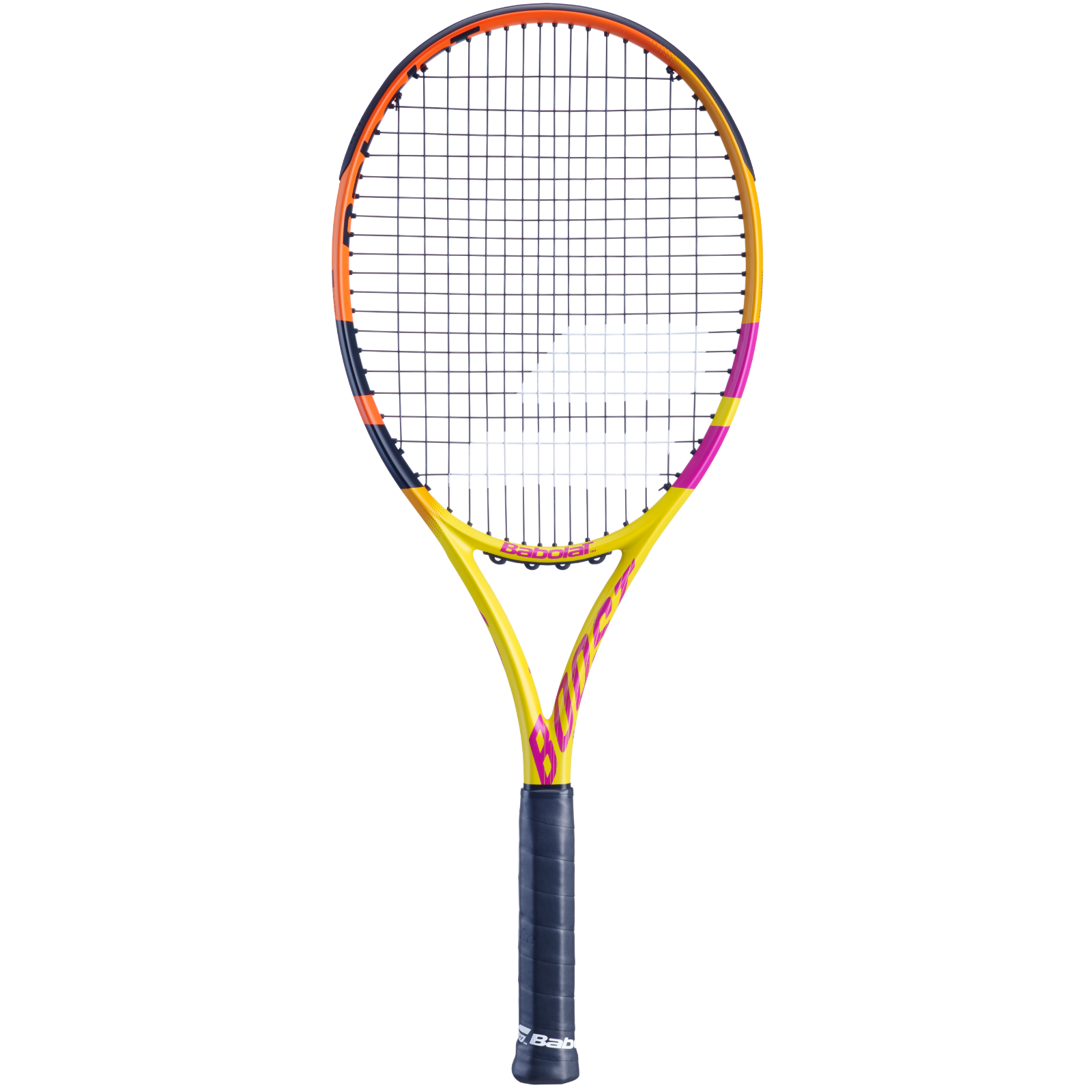 Babolat Boost Rafa tennis racquet, yellow frame with orange, pink, and dark blue accents, black grip.