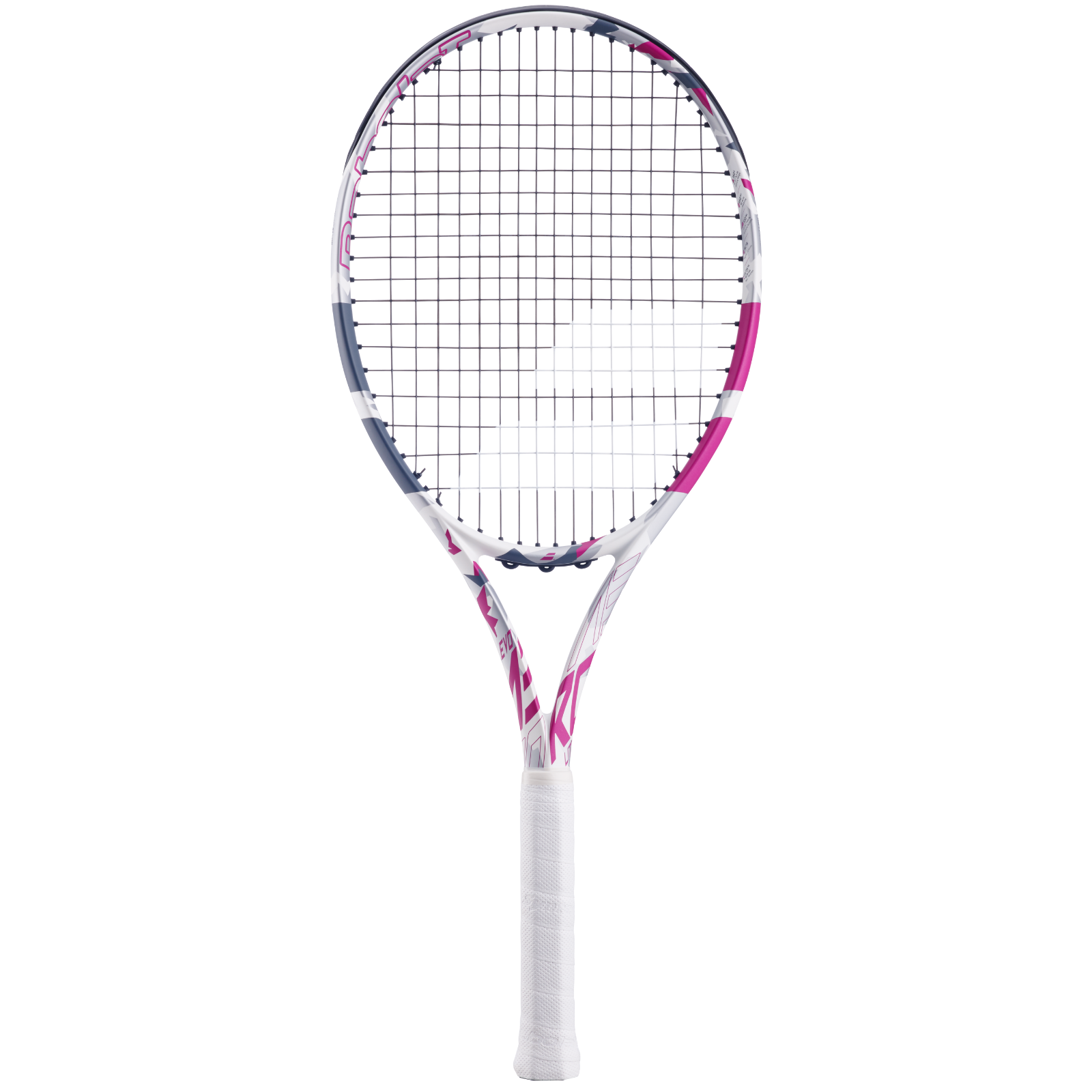Babolat Evo Aero Lite tennis racquet in white and pink, with a white grip and black strings.