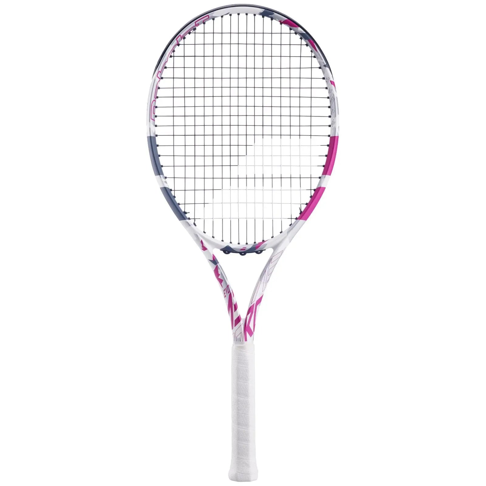 Babolat Evo Aero tennis racquet, white and pink with a white grip, 275g.
