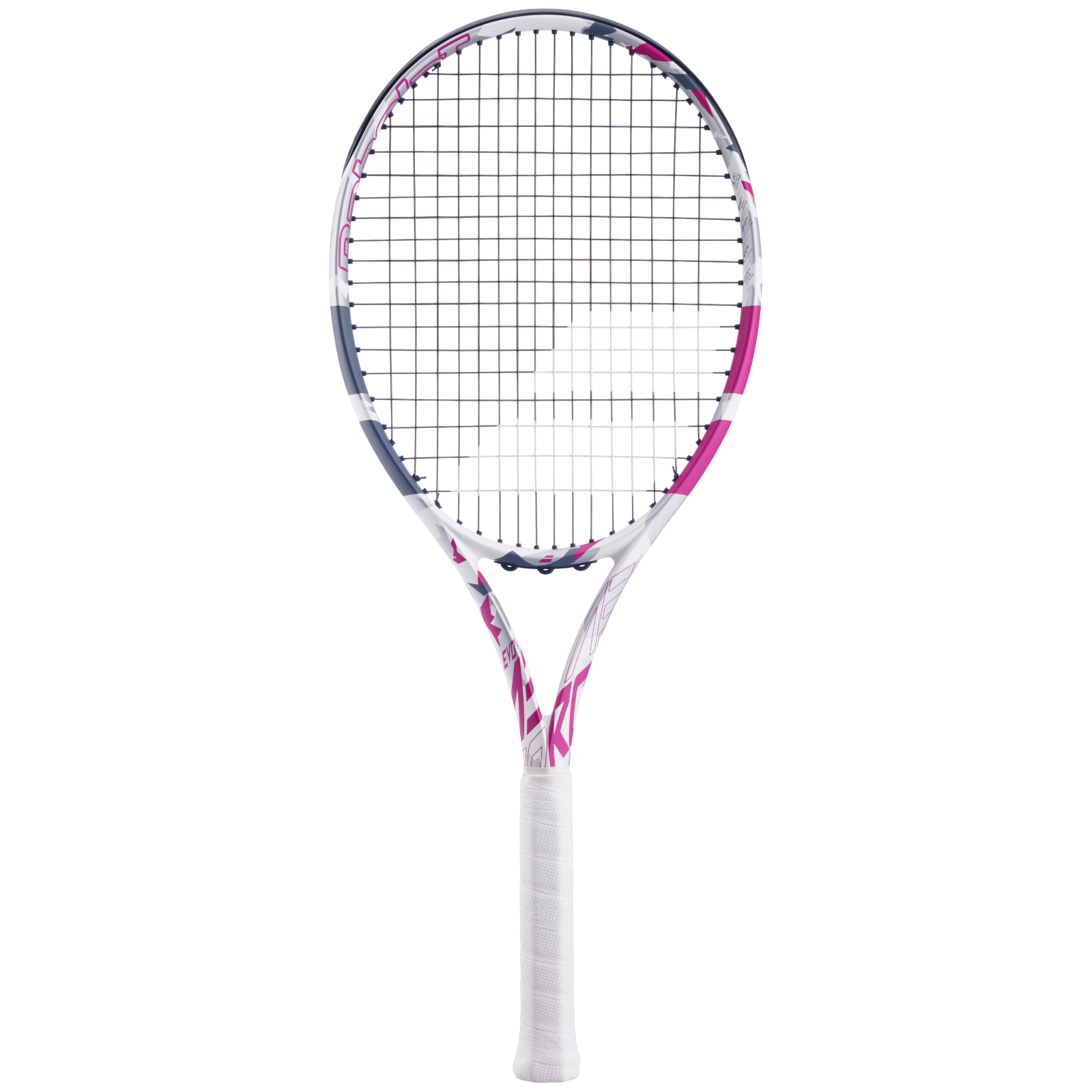 Babolat Evo Aero tennis racquet, white and pink with a white grip, 275g.