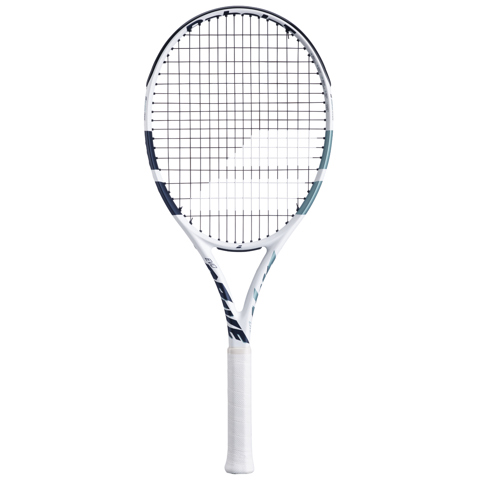 White Babolat Evo Drive Lite Gen2 tennis racquet with black strings and blue-green accents.