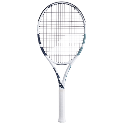 White Babolat Evo Drive Lite Gen2 tennis racquet with black strings and blue-green accents.