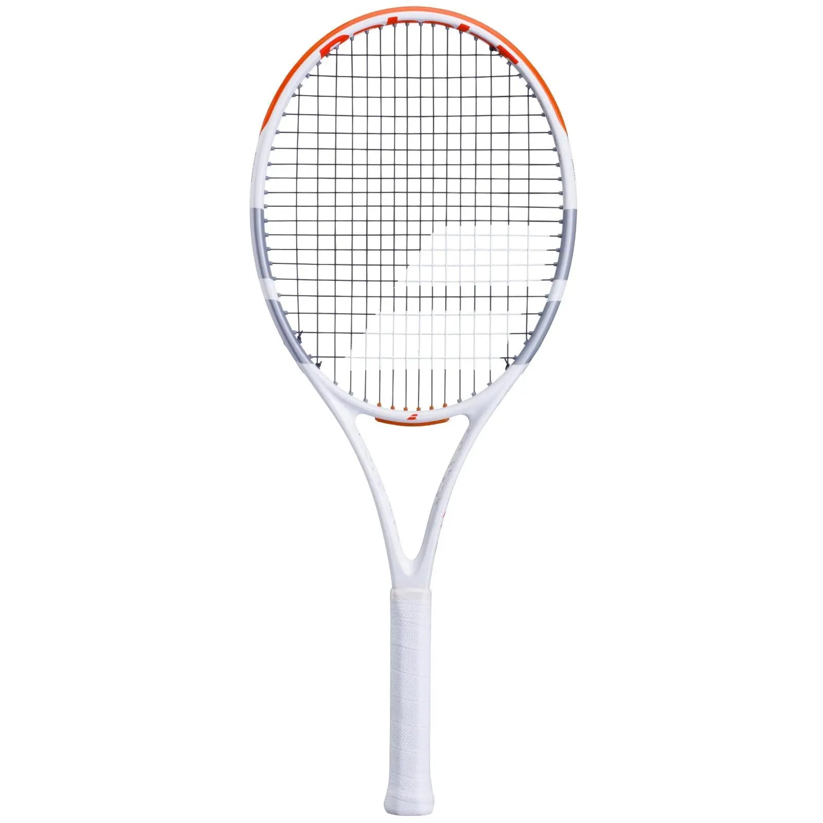White Babolat Evo Strike tennis racquet with orange accents and black strings.
