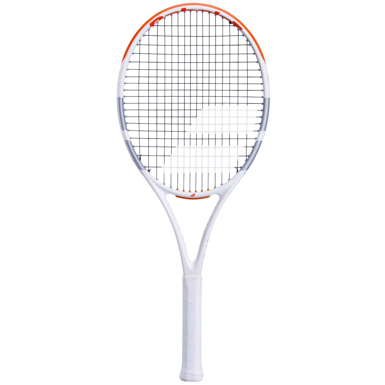 White Babolat Evo Strike tennis racquet with orange accents and black strings.