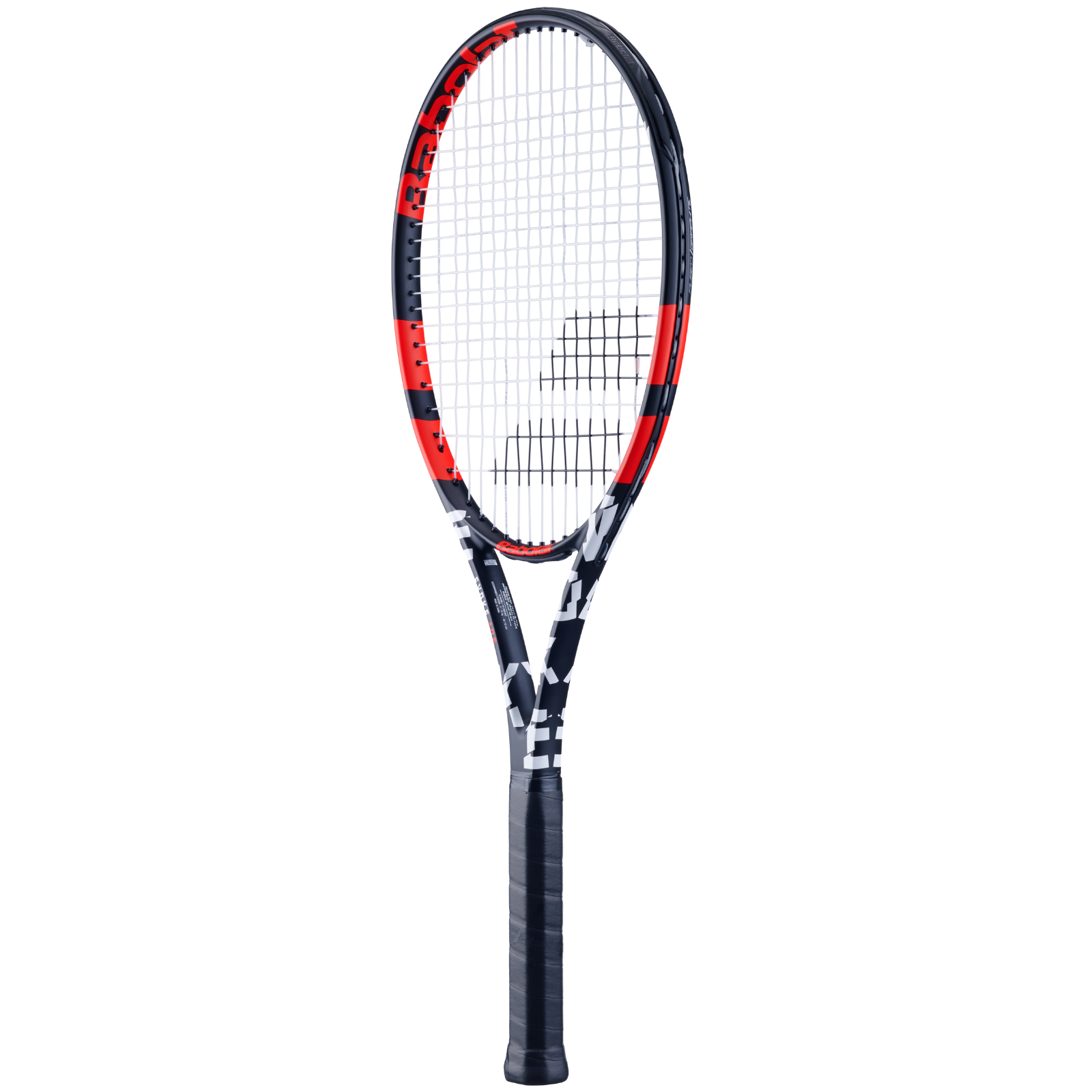 Babolat Evoke 105 tennis racquet, black with red accents, white strings, and a black grip.