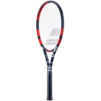 Babolat Evoke 105 tennis racquet, black with red accents, white strings, and a black grip.