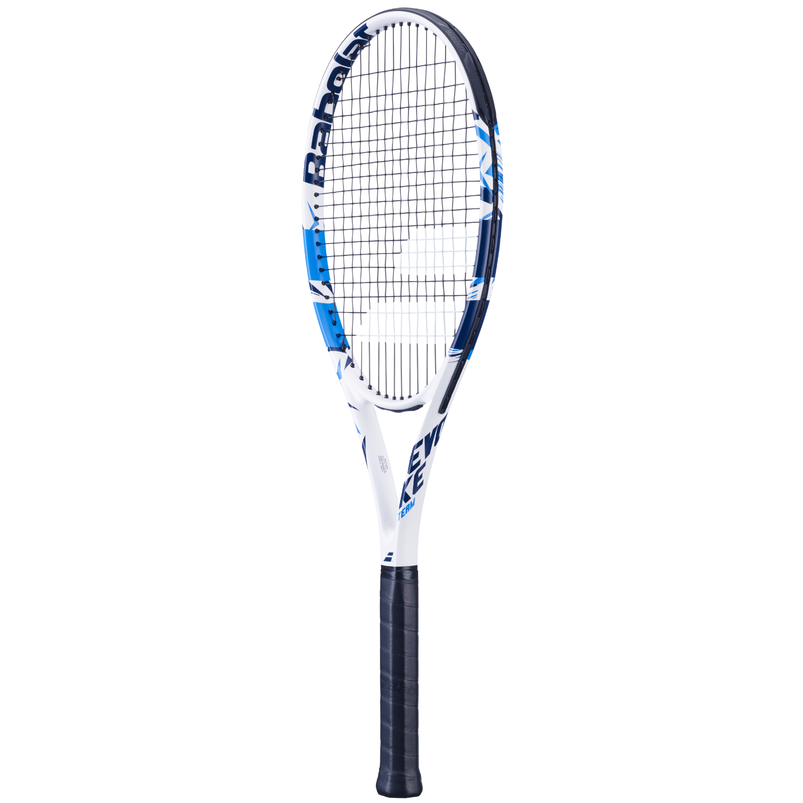 White Babolat Evoke Team tennis racquet with blue accents and black grip.