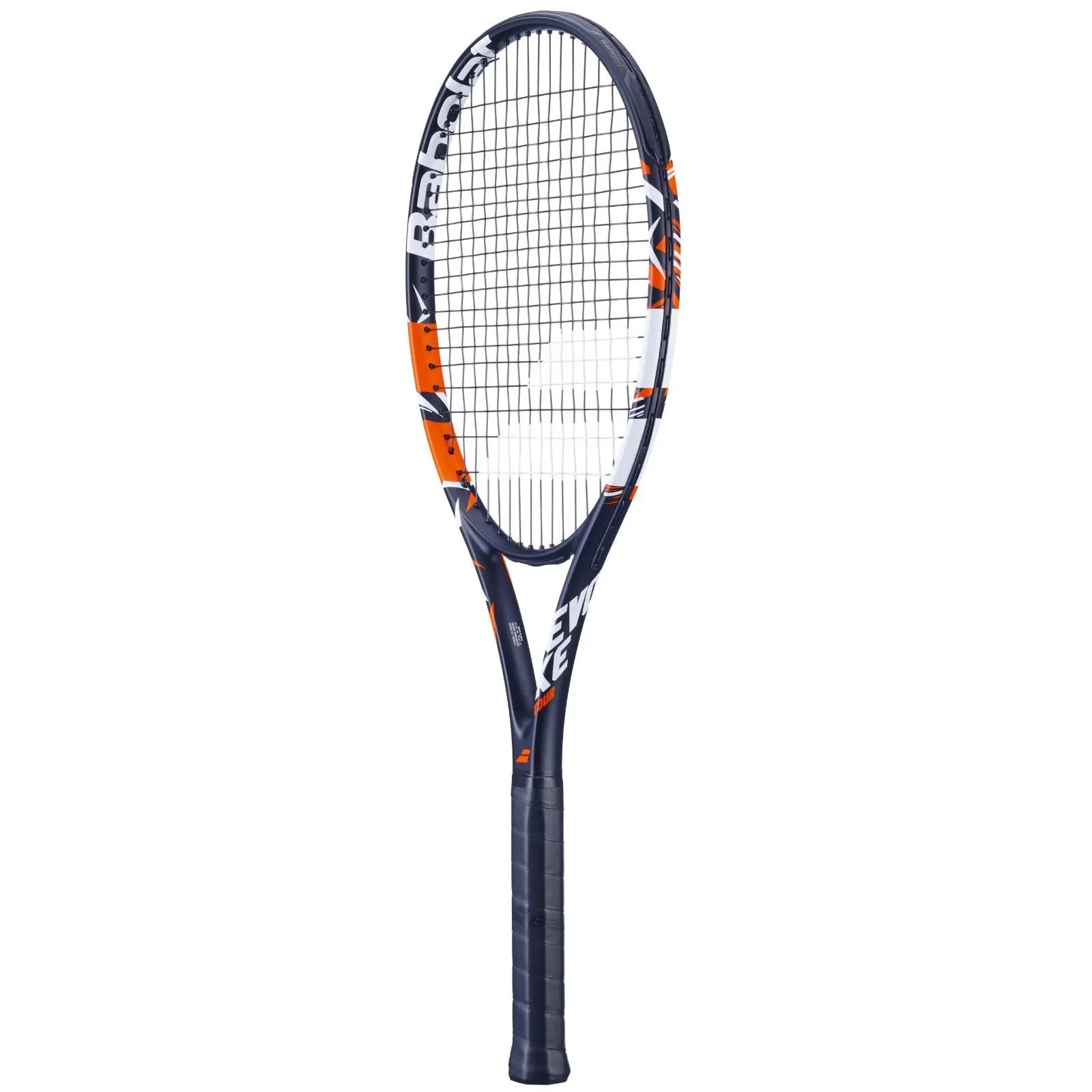 Babolat Evoke Tour tennis racquet, black frame with orange and white accents, strung.