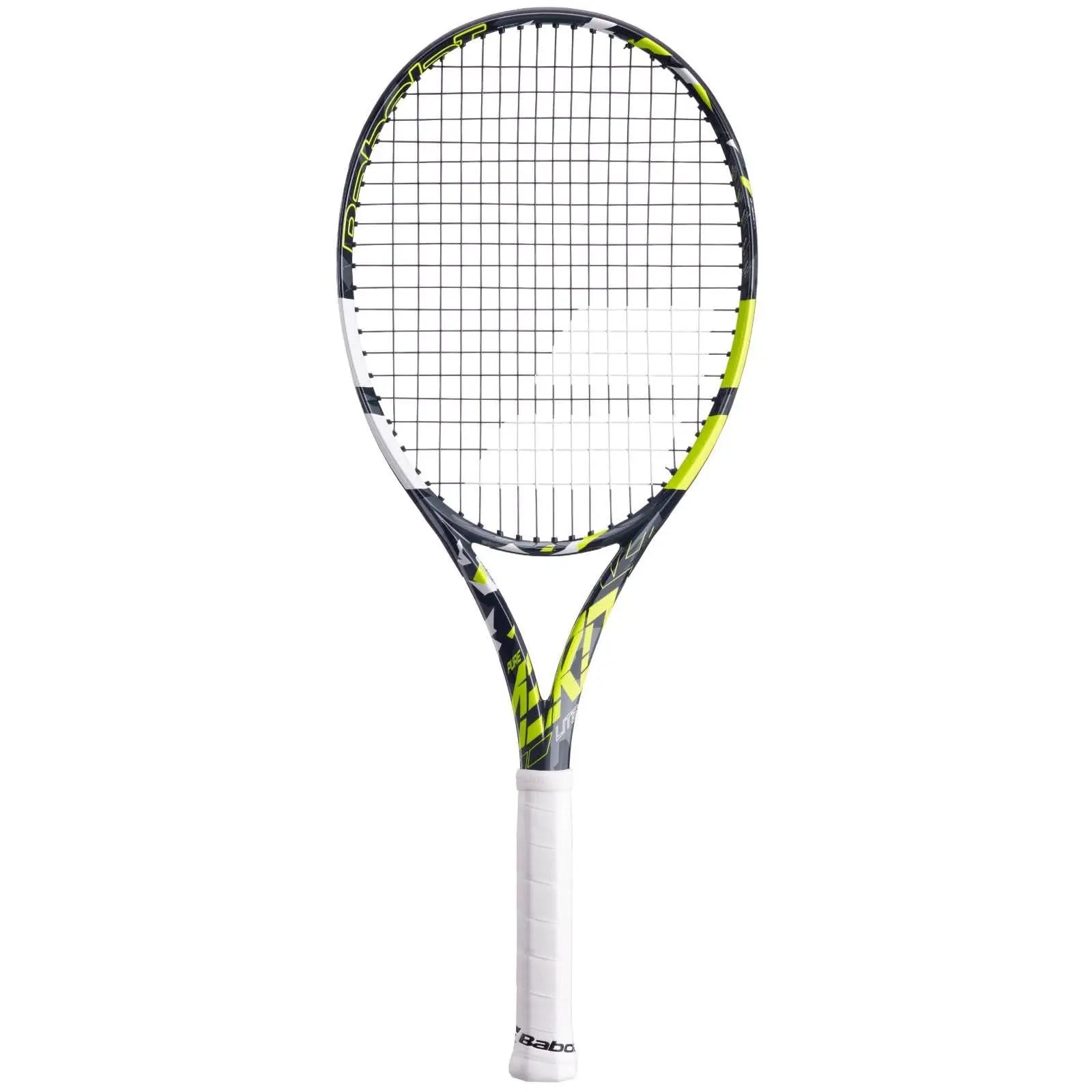 Babolat Pure Aero Lite tennis racquet with a black, yellow, and white aerodynamic frame and white grip.