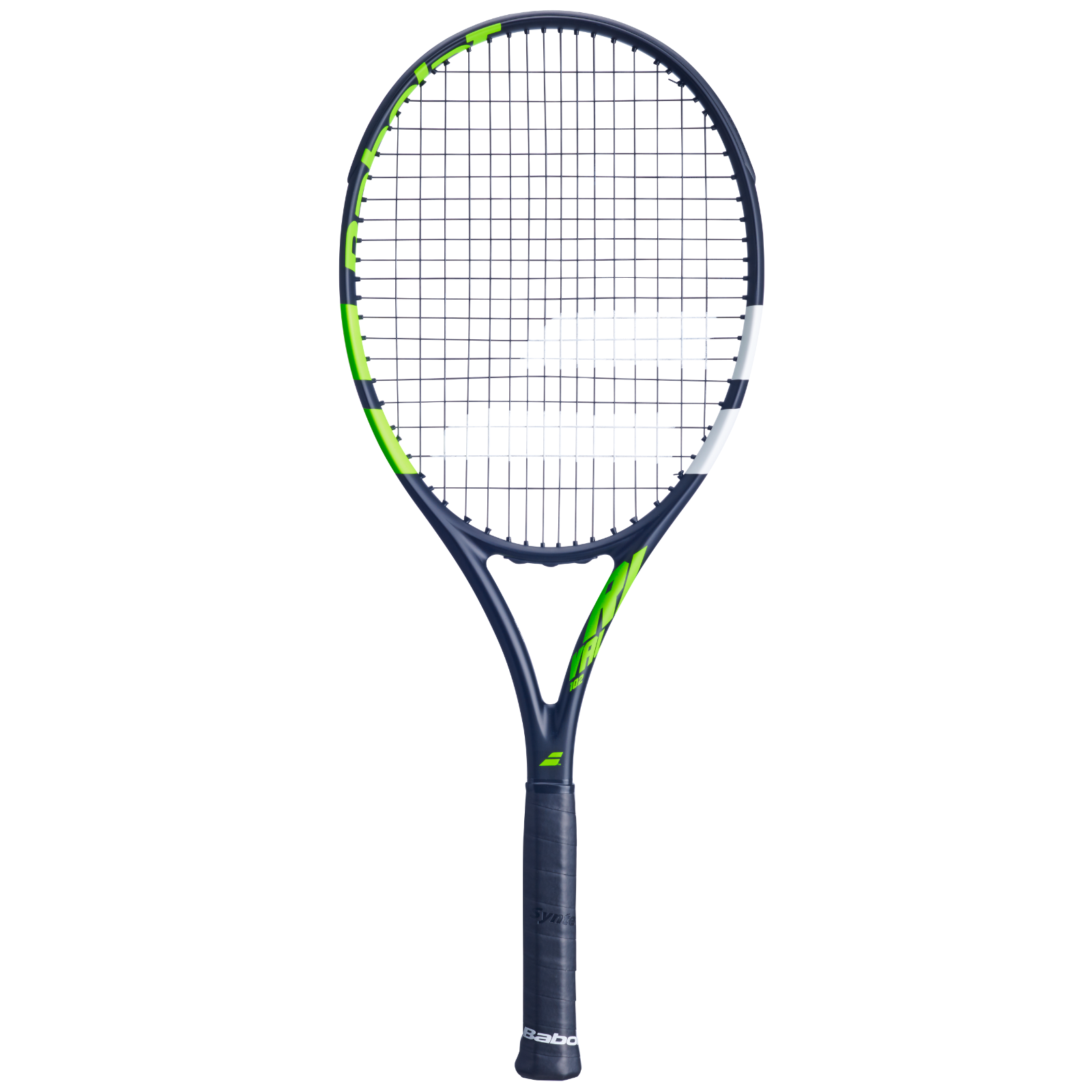 Babolat Rival 102 tennis racquet, dark blue with vibrant green and white accents, black grip.