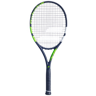 Babolat Rival 102 tennis racquet, dark blue with vibrant green and white accents, black grip.