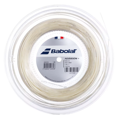 Babolat Addixion+ 200M natural tennis string, 1.25 (17) gauge, in clear round packaging.
