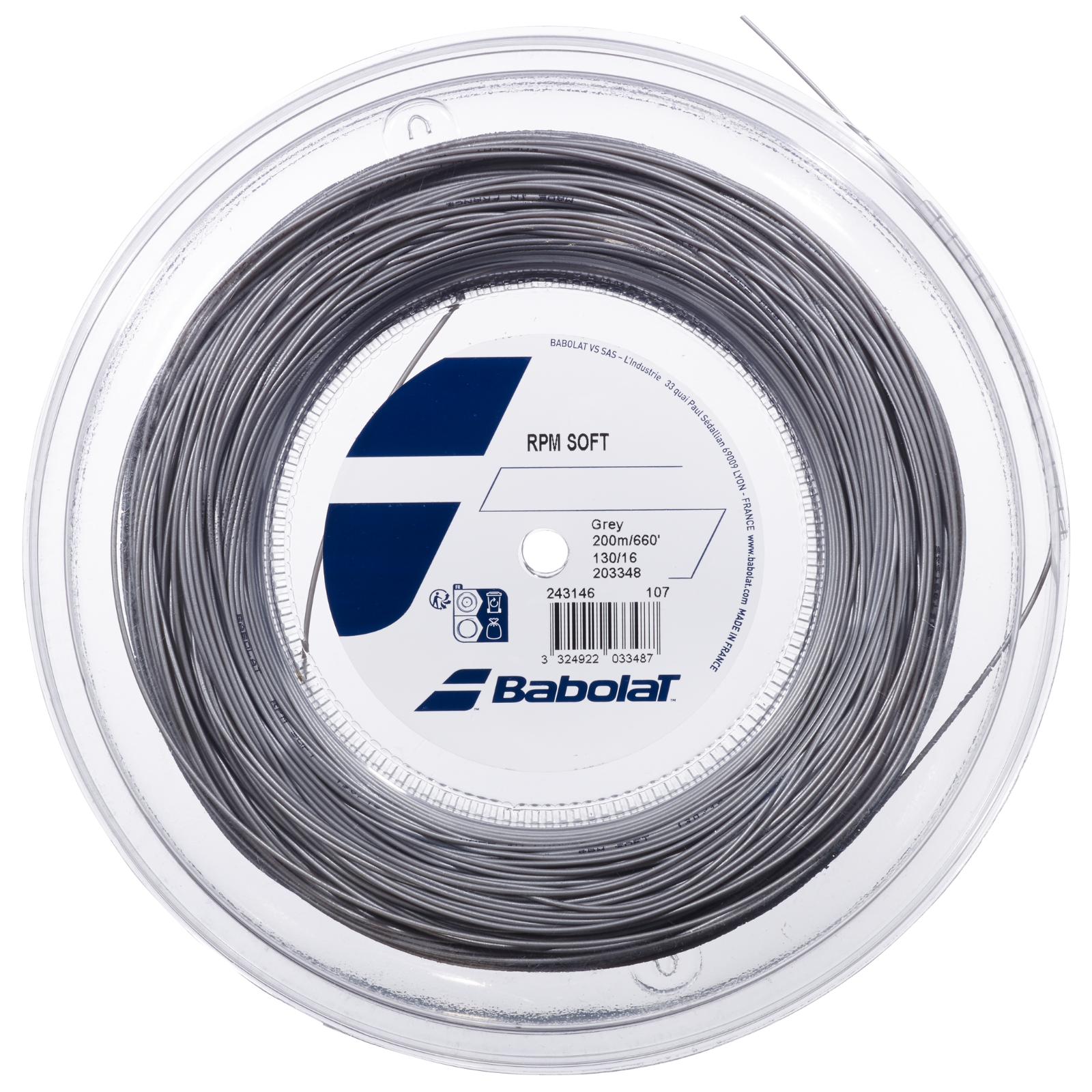 Babolat RPM Soft tennis string, grey polyamide monofilament, 1.30 (16) gauge, on a clear spool.
